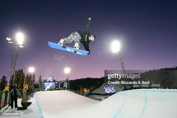 Louie Vito in action during the Snowboard SuperPipe Men's Practice at Winter X Games 11 at Buttermilk Mountain in Aspen, Colorado on January 25, 2007.