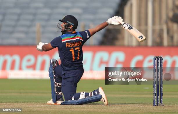 India batsman Rishabh Pant hits out during the 2nd One Day International between India and England at MCA Stadium on March 26, 2021 in Pune, India.