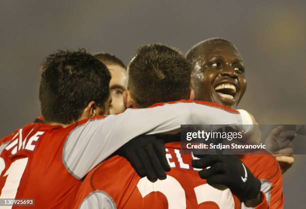 Auxerre Gauthier Akale, celebrate his goal with Ireneusz Jelen, during Uefa Cup Group A match between Partizan and Auxerre, at stadium in Belgrade,...