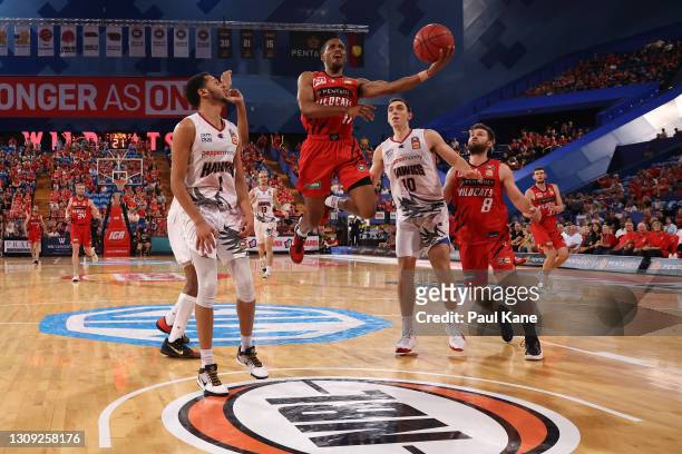 Bryce Cotton of the Wildcats lays up during the round 11 NBL match between the Perth Wildcats and the Illawarra Hawks at RAC Arena on March 26, 2021...