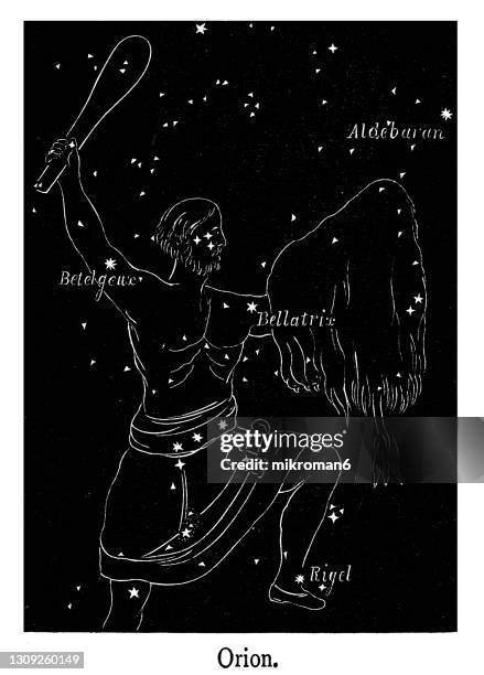 old engraved illustration of astronomy, orion constellation - orion belt stock pictures, royalty-free photos & images