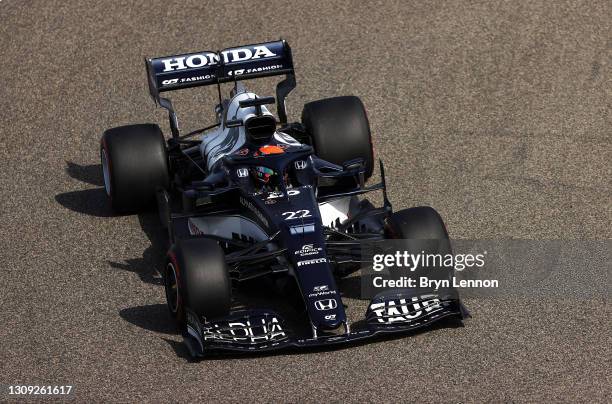 Yuki Tsunoda of Japan driving the Scuderia AlphaTauri AT02 Honda on track during practice ahead of the F1 Grand Prix of Bahrain at Bahrain...