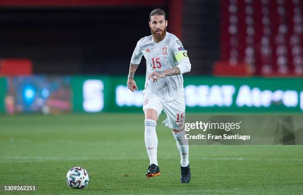 Sergio Ramos of Spain in action during the FIFA World Cup 2022 Qatar qualifying match between Spain and Greece on March 25, 2021 in Granada, Spain.