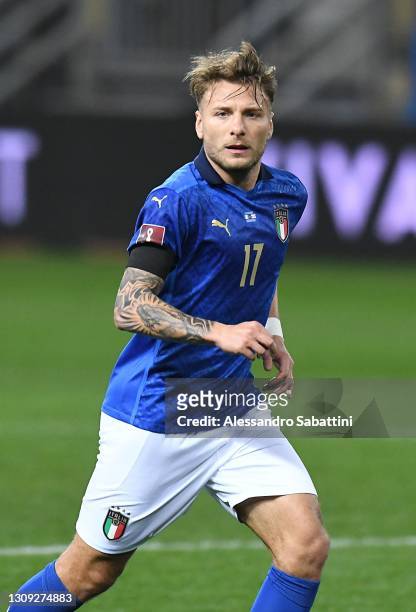 Ciro Immobile of Italy looks on during the FIFA World Cup 2022 Qatar qualifying match between Italy and Northern Ireland on March 25, 2021 in Parma,...