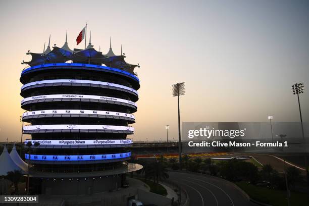 General view of the Sakhir tower lit up with FIA branding after qualifying ahead of Round 1:Sakhir of the Formula 2 Championship at Bahrain...