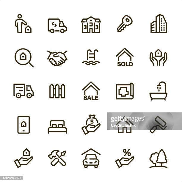 illustrazioni stock, clip art, cartoni animati e icone di tendenza di agente immobiliare - icone della linea pixel perfect - luogo dabitazione