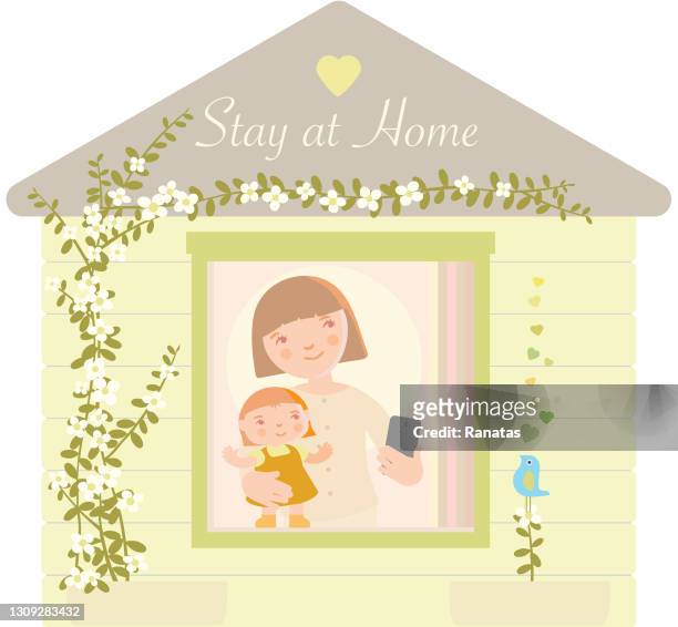 mother and daughter are staying at home - springtime family stock illustrations
