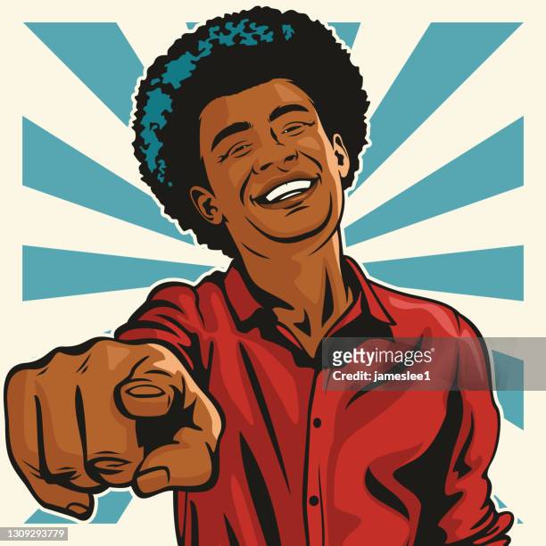 ilustraciones, imágenes clip art, dibujos animados e iconos de stock de feliz hombre negro risueño apuntando a ti - africano americano