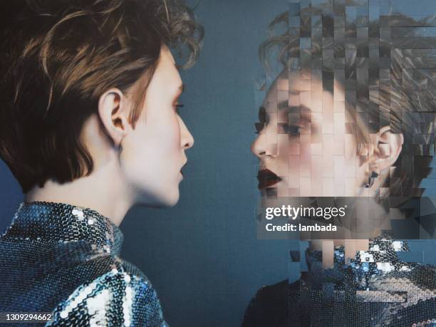 analog collage with female portrait and her mirror reflection - symmetry imagens e fotografias de stock