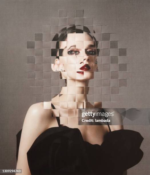 analog collage with female portrait - pixelated face stock pictures, royalty-free photos & images