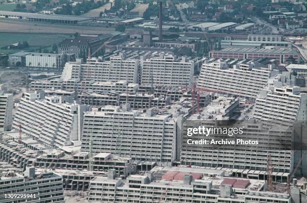 Construction work underway on the Olympic Village during preparations ahead of the 1972 Summer Olympics, held in Munich, West Germany, 1972.