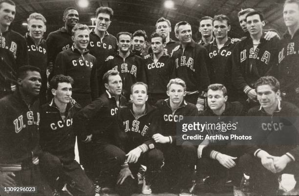 Players of the Soviet Union and United States teams, finalists in the basketball event at the 1956 Summer Olympics, at the Royal Exhibition Building...