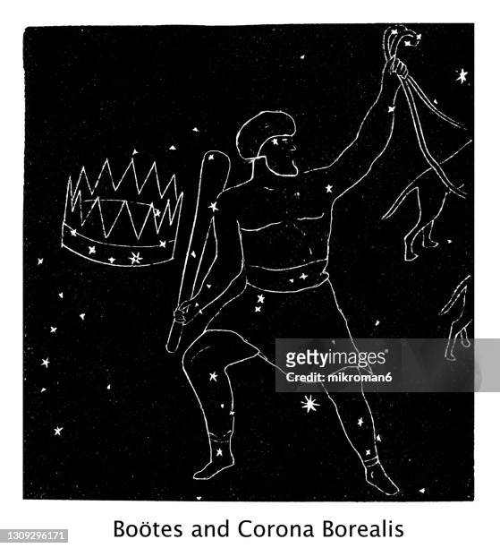 old engraved illustration of astronomy, constellation boötes and constellation corona borealis - arcas stock pictures, royalty-free photos & images