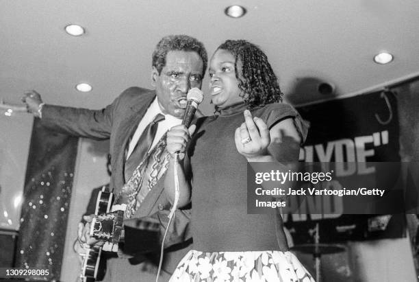 American Blues musician Johnny 'Clyde' Copeland and his eleven-year-old daughter, Shemekia Copeland, perform onstage during the former's 53rd...