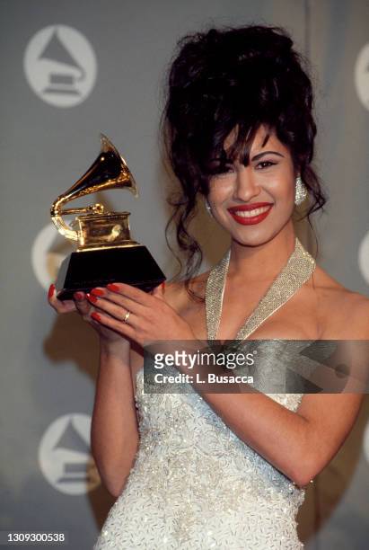 Singer Selena receives Grammy Award at The 36th Annual Grammy Awards on March 1, 1994 in New York, New York at Radio City Music Hall.