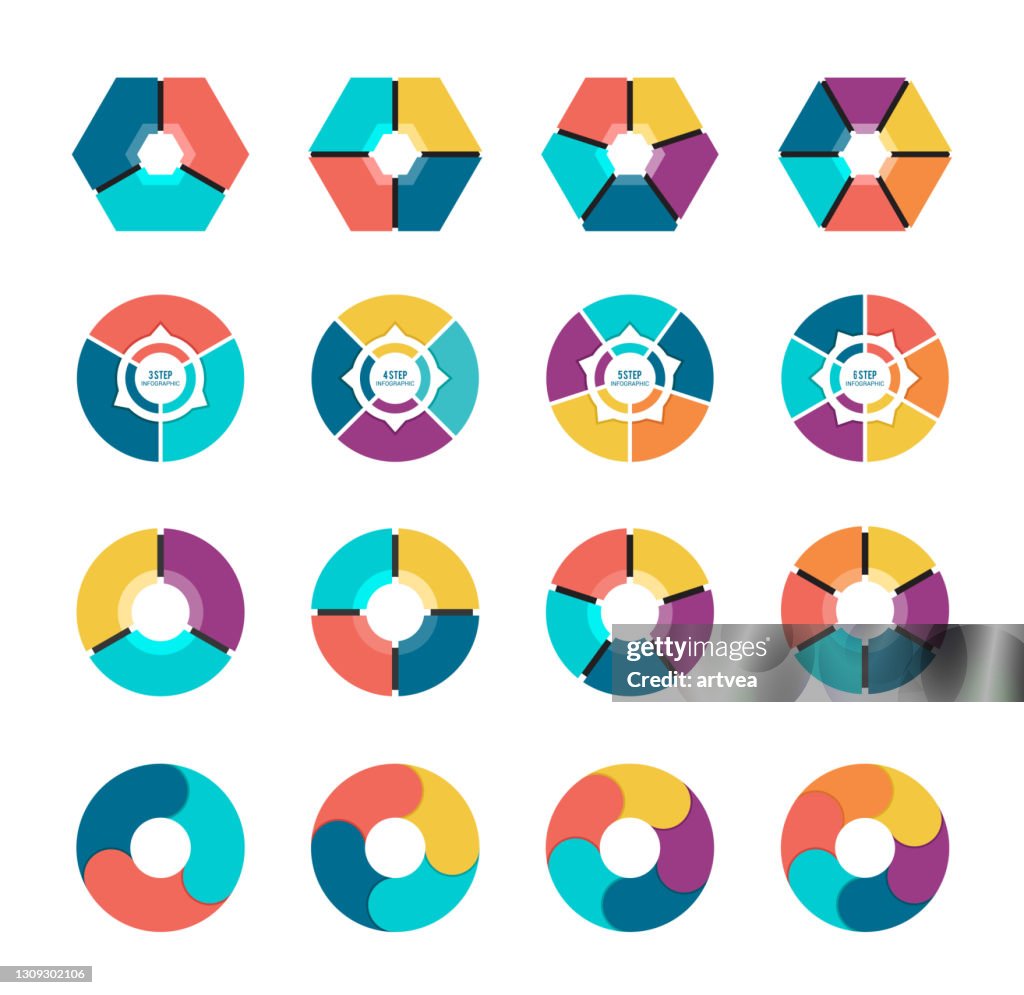 Colección de gráficos circulares coloridos con 3,4,5,6 secciones o pasos