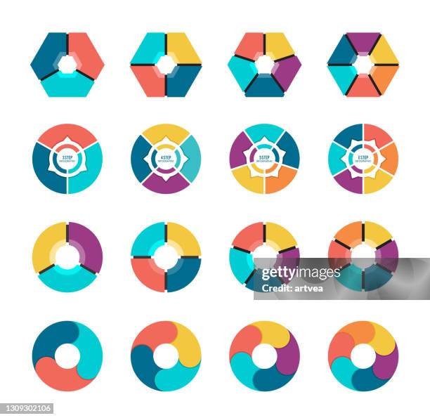 illustrations, cliparts, dessins animés et icônes de collection colorée de diagrammes à secteurs avec 3,4,5,6 sections ou étapes - process steps infographic