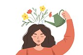 Thinking positve as a mindset. Woman watering plants that symbolize happy thoughts. Flat vector illustration