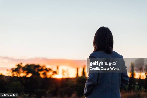 lonely woman watching sunset - bakifrån bildbanksfoton och bilder