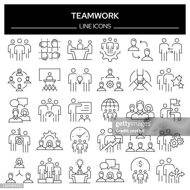 set of teamwork related line icons. outline symbol collection, editable stroke - employee stock illustrations