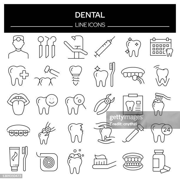 ilustraciones, imágenes clip art, dibujos animados e iconos de stock de conjunto de iconos de línea relacionadas con el dentista. colección de símbolos de contorno, trazo editable - toothache