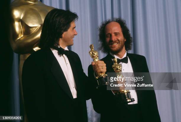 American film director Dean Parisot and American comedian and actor Steven Wright in the press room following the 61st Annual Academy Awards, held at...