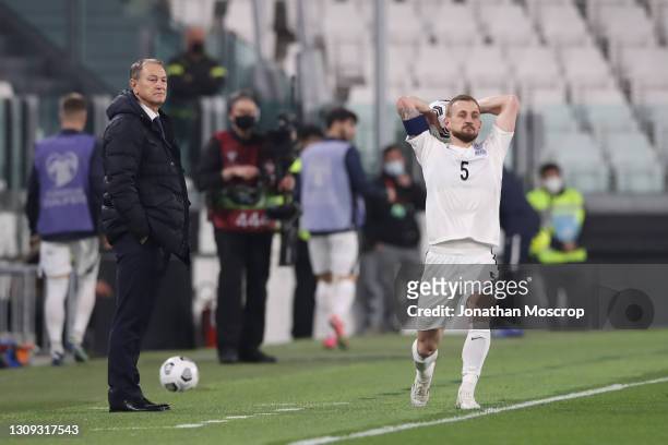 Gianni De Biasi Head coach of Azerbaijan looks on as Maksim Medevedev of Azerbaijan takes a throw in during the FIFA World Cup 2022 Qatar qualifying...