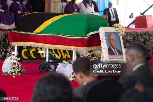 President John Magufuli's coffin during a public service in his honour on March 26, 2021 in Chato, Tanzania. The country has held a series of...