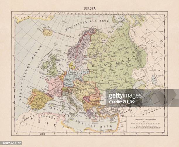 ilustraciones, imágenes clip art, dibujos animados e iconos de stock de mapa político de europa, litografía, publicado en 1893 - imperio