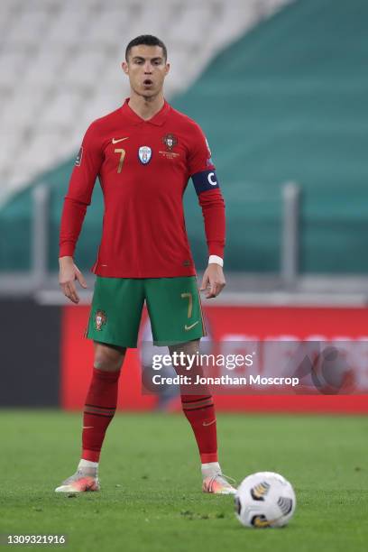 Cristiano Ronaldo of Portugal composes himself before taking a free kick during the FIFA World Cup 2022 Qatar qualifying match between Portugal and...