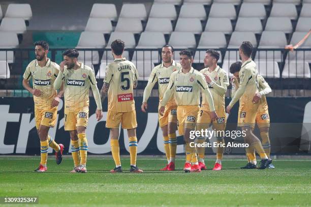 Sergi Darder of RCD Espanyol celebrates scoring his side's 3rd goal with his team mates during the Liga Smartbank match betwen CD Castellon and RCD...
