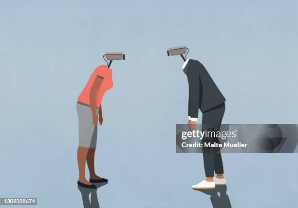 ilustraciones, imágenes clip art, dibujos animados e iconos de stock de man and woman with surveillance camera faces face to face - big brother