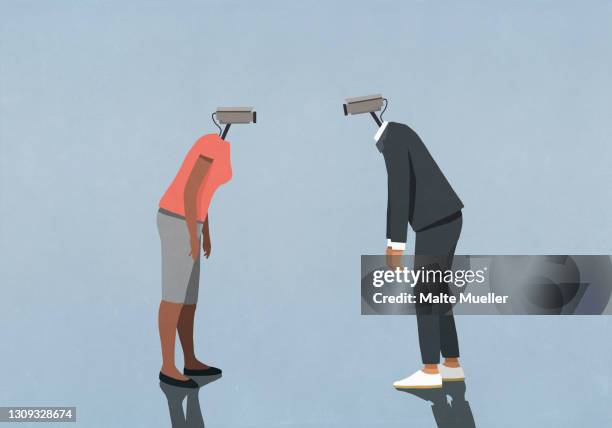 man and woman with surveillance camera faces face to face - couple relationship stock illustrations