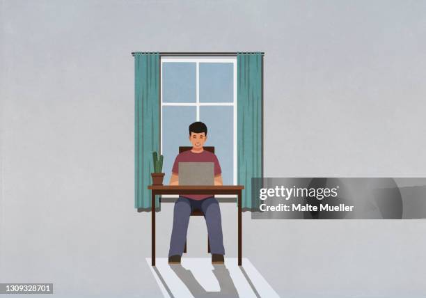 man working from home at laptop in window - using computer home stock illustrations