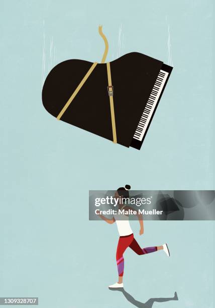 grand piano falling above oblivious female runner - strap stock illustrations