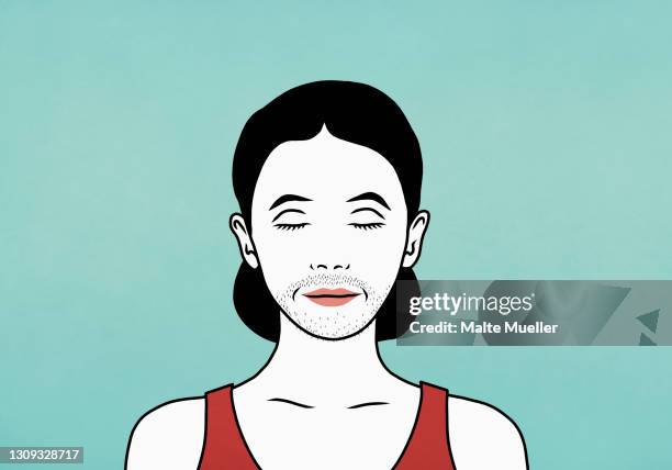 ilustraciones, imágenes clip art, dibujos animados e iconos de stock de transgender woman with stubble beard - ojos cerrados