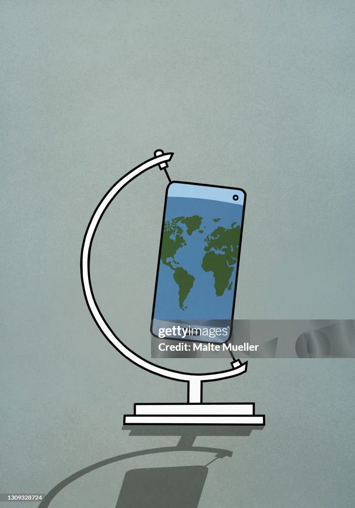 Global map smart phone on globe stand