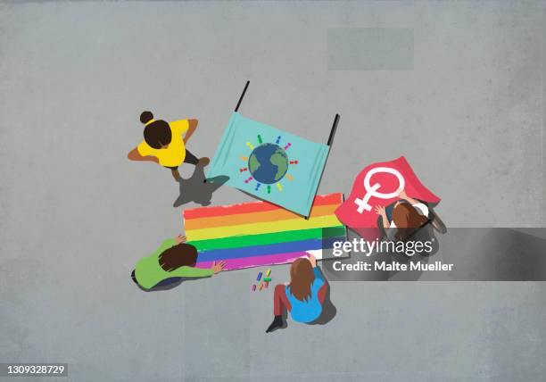 ilustraciones, imágenes clip art, dibujos animados e iconos de stock de women making gay pride posters - gender