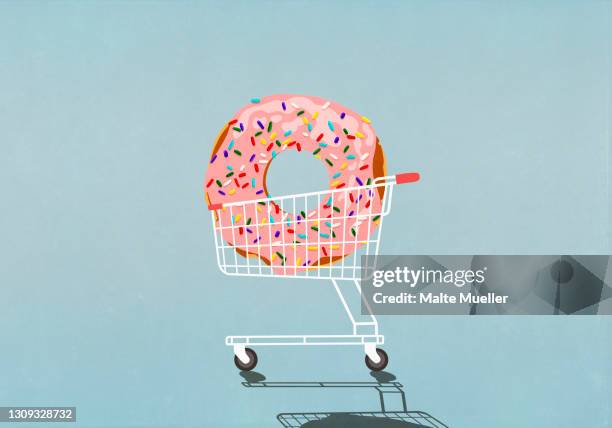 large sprinkled donut in shopping cart - streusel stock-grafiken, -clipart, -cartoons und -symbole