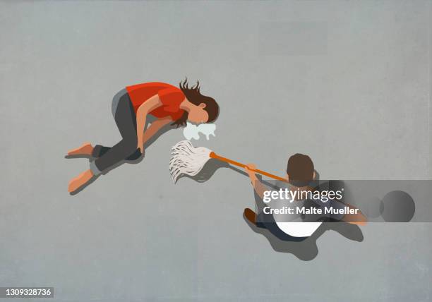 man mopping up tears of crying depressed wife on floor - puddle stock illustrations