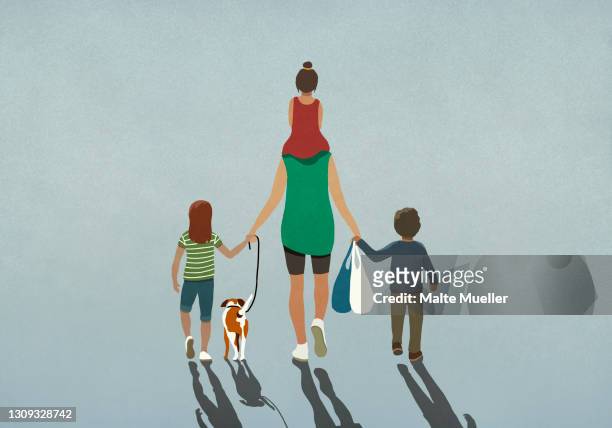 ilustrações, clipart, desenhos animados e ícones de family with dog holding hands and walking with grocery bags - quatro pessoas