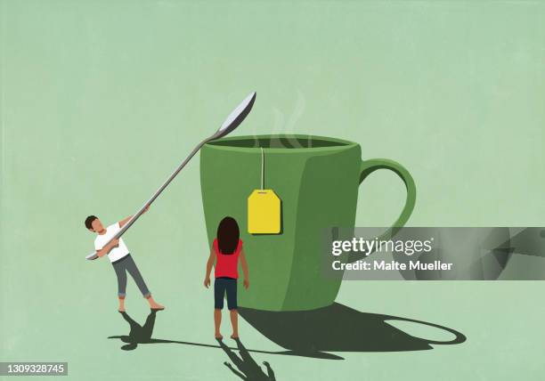 couple with large spoon stirring sugar into mug of tea - スプーン点のイラスト素材／クリップアート素材／マンガ素材／アイコン素材