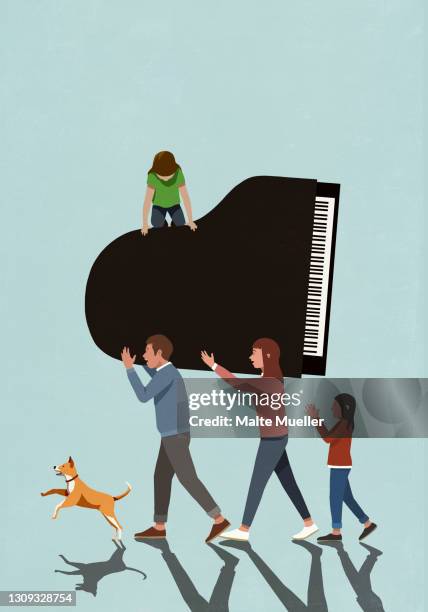 family with dog carrying piano - piano quartet stock illustrations