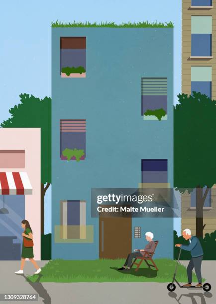 senior man riding electric scooter on sidewalk outside apartment - old house stock illustrations