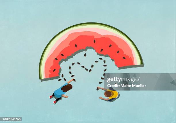 boy and girl forming heart shape from watermelon seeds - child eating stock illustrations