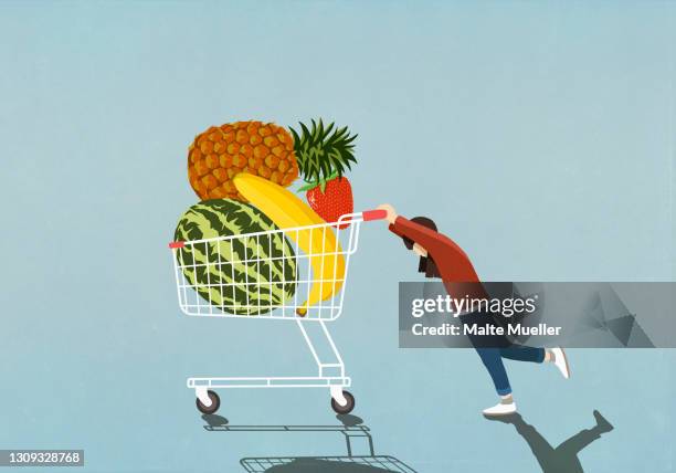 girl pushing shopping cart full of fresh fruit - healthy eating illustration stock illustrations