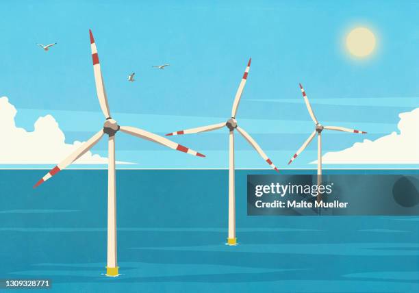 ilustrações de stock, clip art, desenhos animados e ícones de wind turbines in sunny blue ocean - windturbine