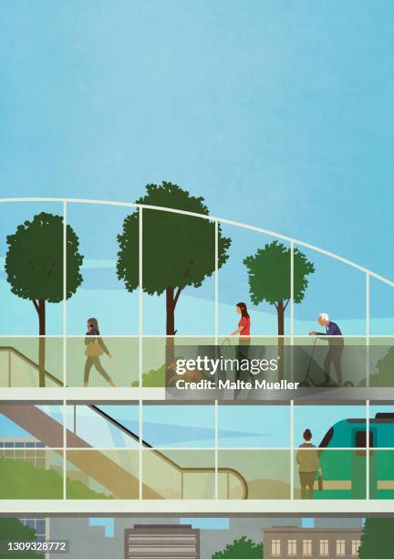 pedestrians walking and riding skateboard and scooter on elevated walkway - station stock illustrations