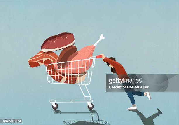 ilustraciones, imágenes clip art, dibujos animados e iconos de stock de girl pushing shopping cart full of meat - one girl only