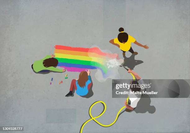 frustrated woman confronting man hosing off sidewalk chalk rainbow - adult coloring stock illustrations